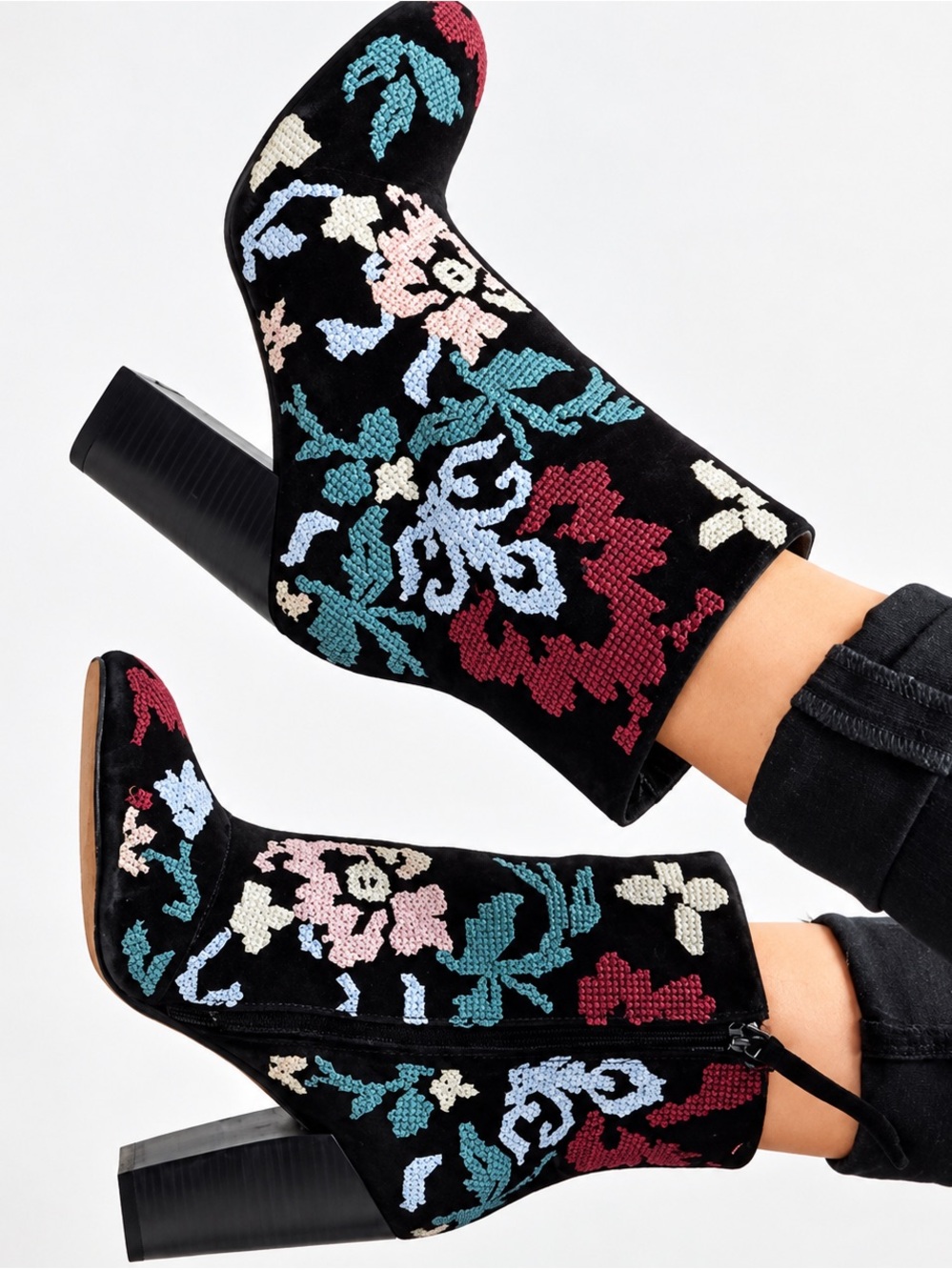 Rebecca Minkoff Black Velvet Ankle Boots with Multicolor Jacquard Floral